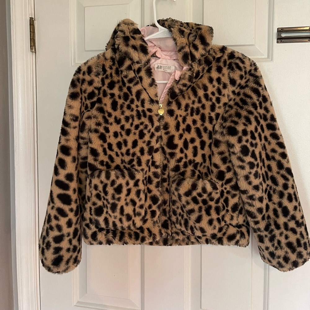 H&M Girls 8/10 Hooded Leopard Faux Fur zipper Jacket